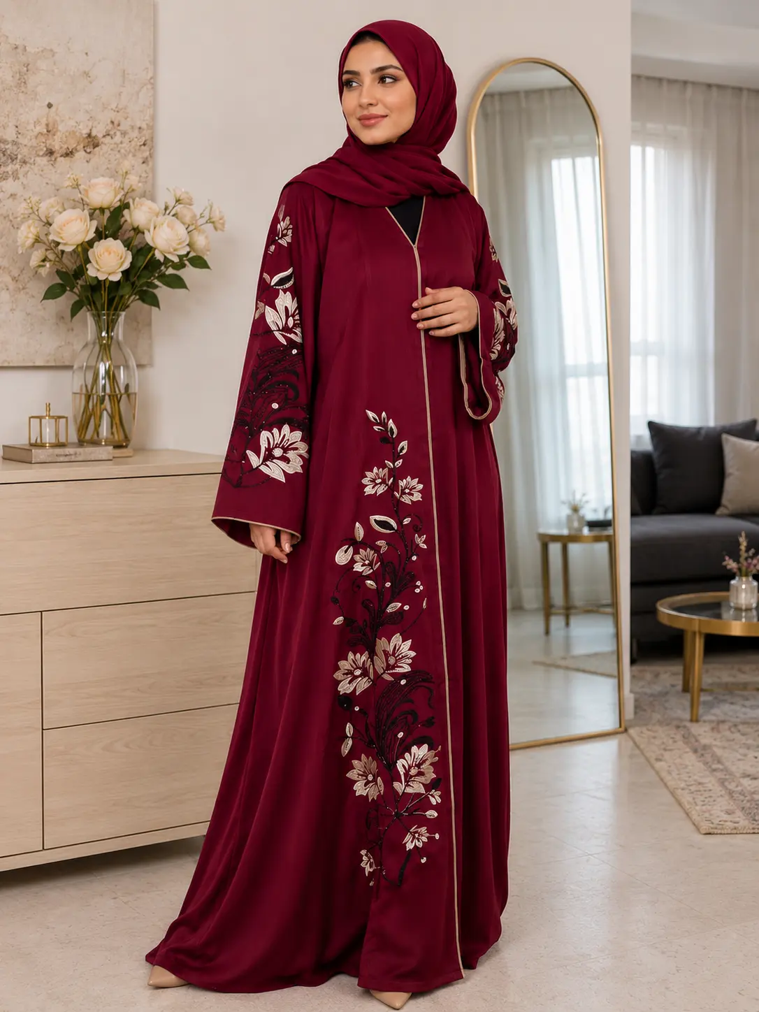 Maroon embroidery abaya for women,modest islamic dress