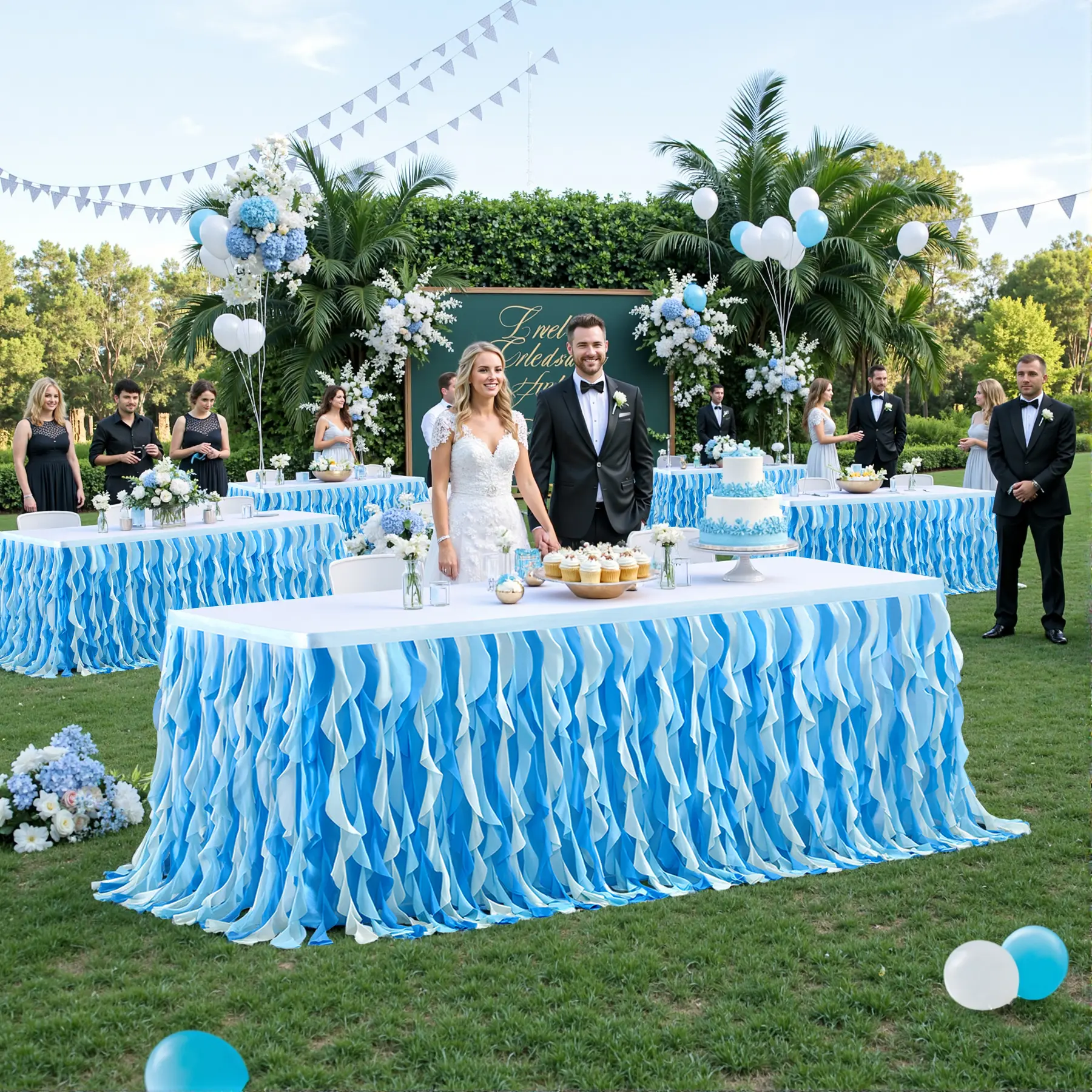 10 Packs Only Covers Front of 6/9FT Table Nautical Magical Ocean Blue Tulle Table Skirt with Curly Ruffles, Rectangle Willow Table Skirting for Under the Sea Baby Shower, Birthday & Party Decor,summerwins,Summer Sale,Mid Year Sale