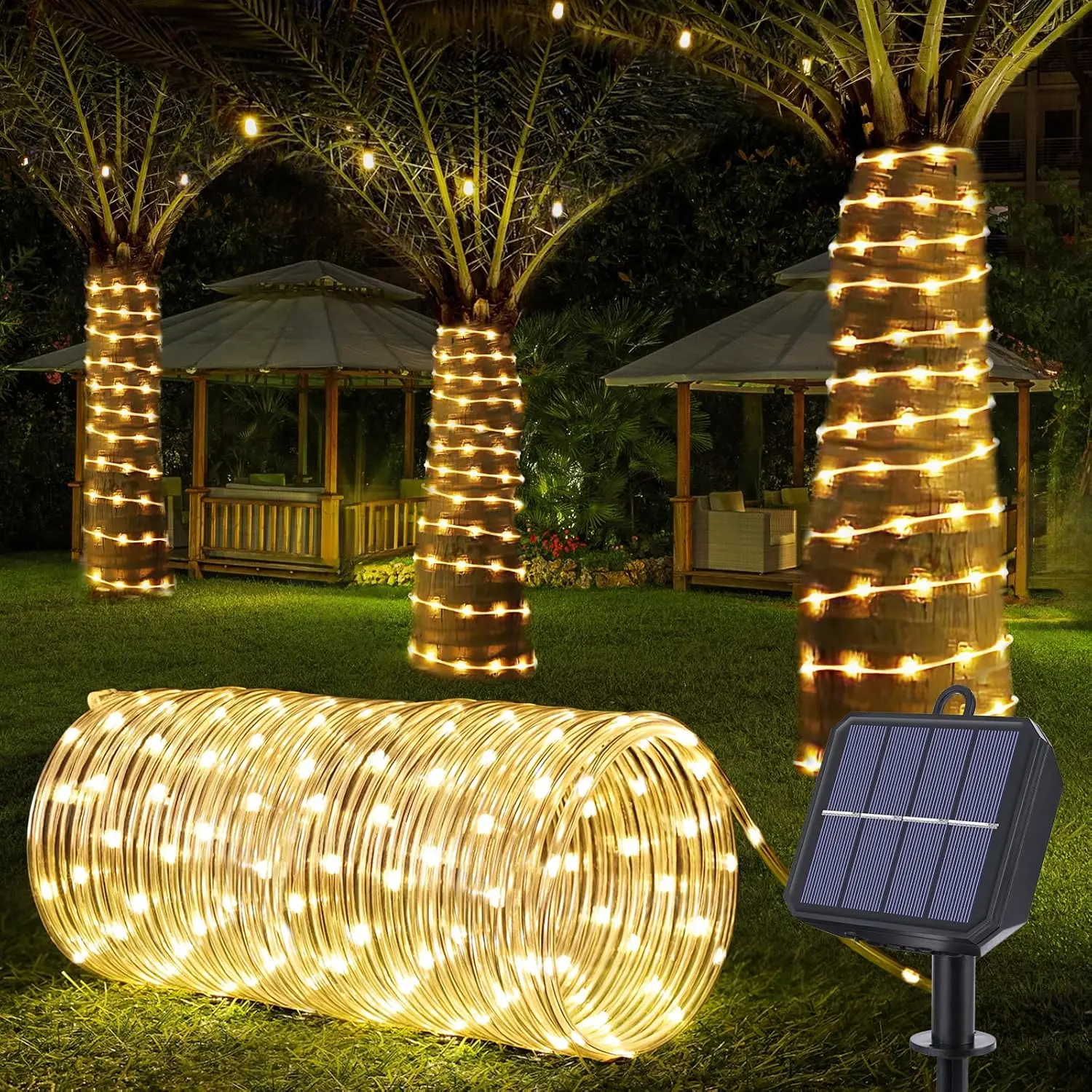 Solar Rope Lights, 66ft 200LED Solar String Lights, 8 Modes Waterproof Solar Outdoor Light, xible Clr Trampoline Light for Garden Backyard Patio Deck Porch Pool Tree Decor - Warm White