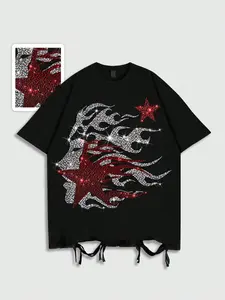 Men's American Street Style Streetwear Rhinestone Star Flame Print Short Sleeve T-Shirt, Loose Fit Casual Summer Top, Trendy Sparkle Design Menswear