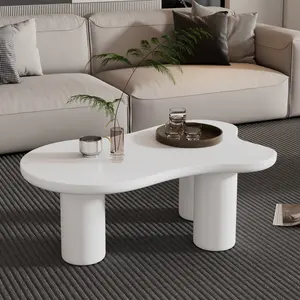 44" x 25.9" Easy Assembly Cloud Coffee Table with 1.5" Thick Tabletop, Cream Style Irregular End Table with 3 Sturdy Legs, Sleek Center Table with Round Edge for Living Room, White