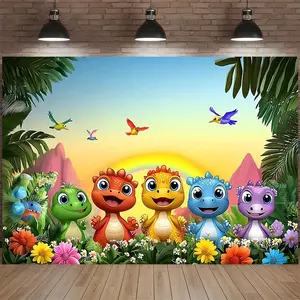 1PC,2D Flat Cartoon Dinosaur Theme Children's Birthday Party Backdrop, Rainforest Floral Rainbow Dinosaur Photo Background Cloth, Baby First Birthday Decoration Cloth, Festival Event Scene Layout Back