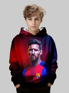 Boy's Hooded Sweatshirt with Full-Print Gradient Star Pattern, Casual Fitted Design for Fall & Winter, Soccer Fan Favorite, Graphic Team Hoodie