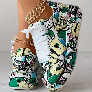 2025 Women's Graffiti Printing Sneaker, Fashion Lace-up Low-Platform Sneaker, Casual Skateboard Shoes Running Training