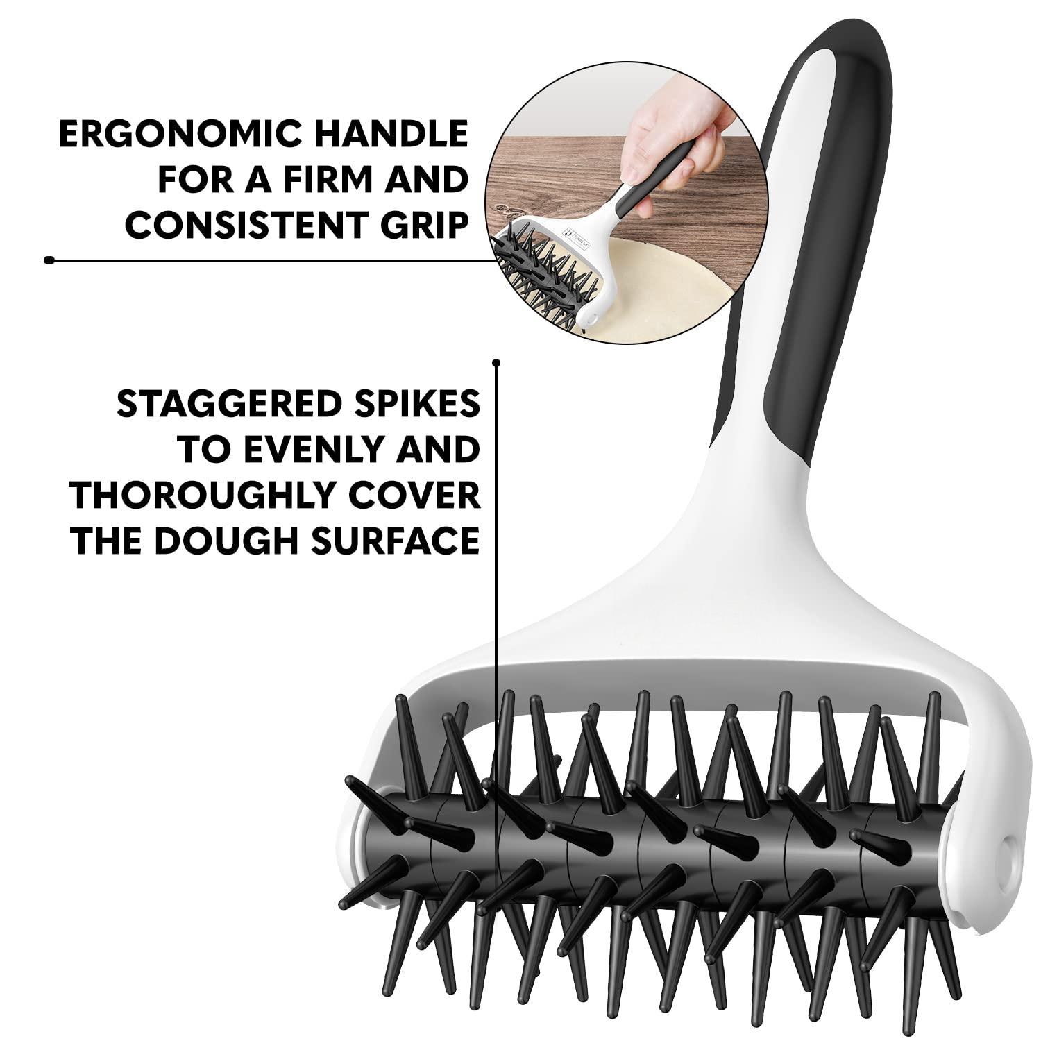Pizza dough press with spikes, a pizza dough press tool for home and commercial kitchens - a pizza making accessory to prevent dough from bubbling, black.