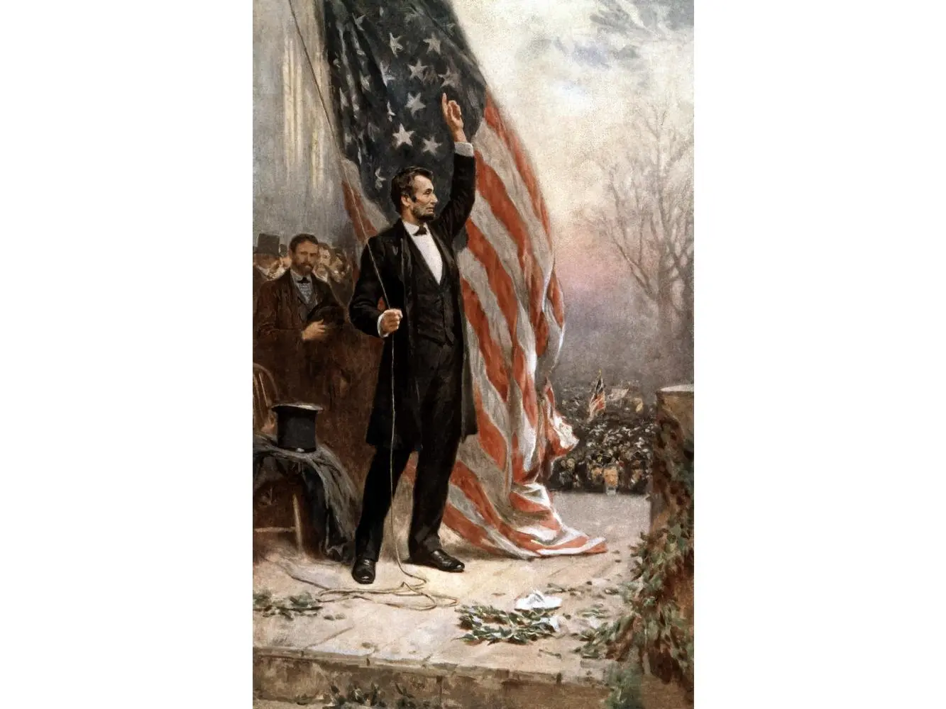 StockTrek Images Artistic Wall Decor Poster Print - Digitally Restored Vintage American Civil War Painting of President Abraham Lincoln Holding the American Flag While Speaking to a Crowd, 22x35 Large