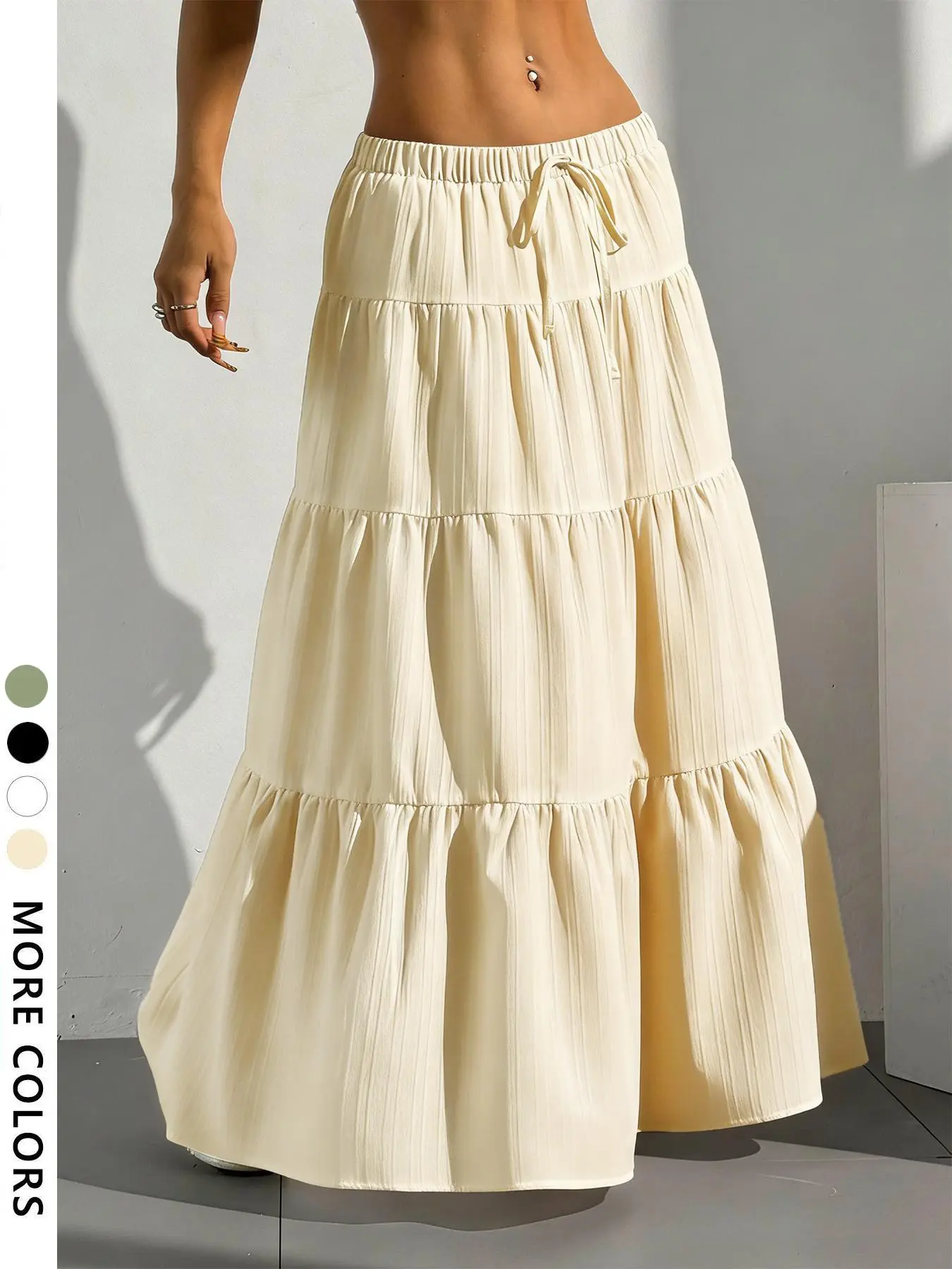 Long layered, Basic Women's Tiered skirt, Casual fashionable skirt, Casual pleated fabric, multi-layered ruffles, Elastic, Adjustable waist with drawstring, comfortable fit, Available in black/white, perfect for summer outfits, vacation vibes