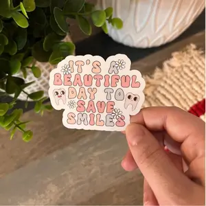 Dental Sticker - It's A Beautiful Day To Save Smiles Decorative Waterproof Pack Prop Retro Ornaments Cloud Shaped Design 3 Inch Flat Sticker for Dental Office Decoration