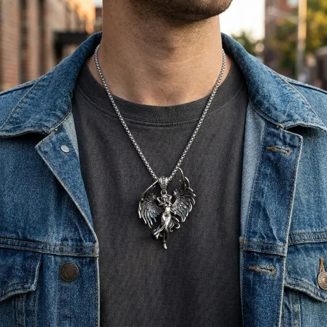 Angel-Themed Necklaces: Gothic Dark Fantasy Choker for Men with Angel Motif, 45cm Metal Alloy Chain, Dark Fantasy Necklaces, Fashion Ol, Pendant, Unisex, Casual, 45Cm Necklace