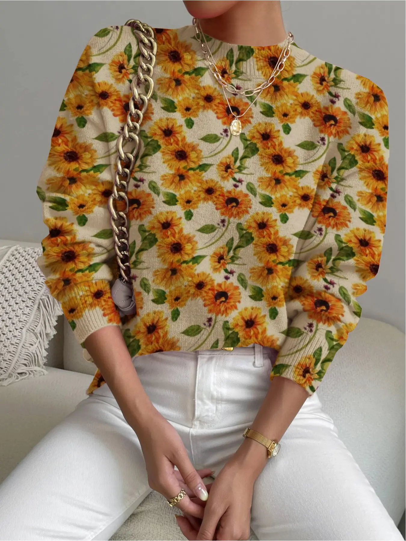 Women's Sunflower Plant Floral Print Stand Collar Sweater, Fall Winter Casual Long Sleeve Knitwear, Comfortable Warm Daily Wear