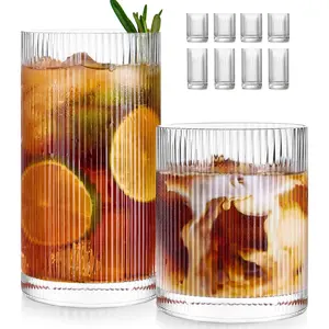 Set of 8 Ribbed Glass Cups - 4 17oz Large Capacity Highball Glasses, 4 12oz Rocks Drinking Glasses, Ideal for Cocktail, Beer, Juice, Water, Iced Coffee, Whiskey and Mixed Drinks
