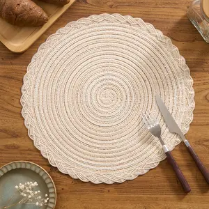 4/6/12pcs Round Woven Placemats with Lace Trim, 29.97 cm - Solid Color Options, Retro Style Kitchen Table Decor Mats for Bowls & Cups, Non-Slip Pads Suitable for Holiday Gatherings, Birthday Parties, Wedding Dinners, and Home Décor