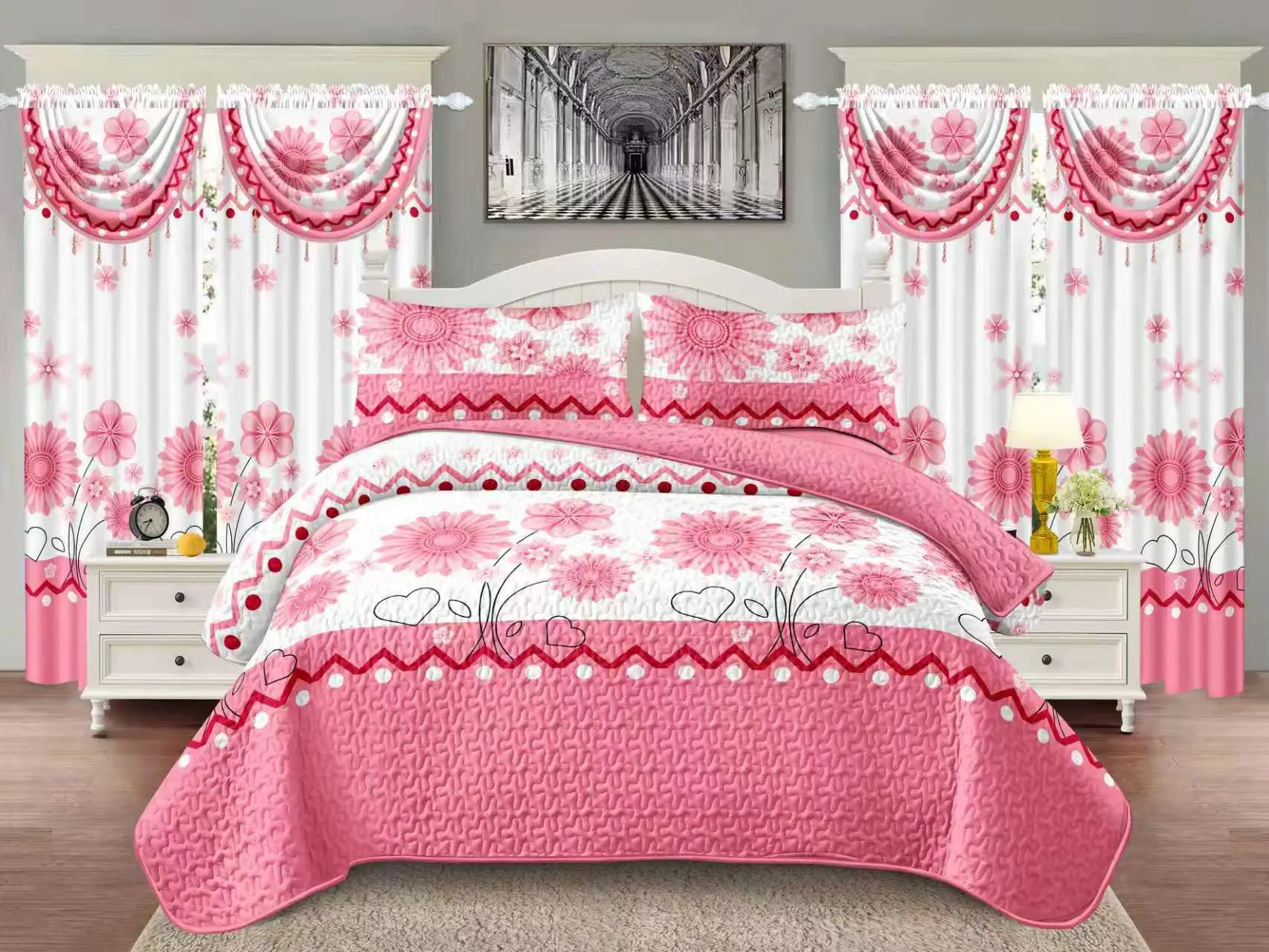 Pink Floral 7-Piece Bedding Set with Matching Curtains