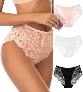 Elegant High Rise Lace Underwear (3 Pack) - Breathable Floral Mesh Lingerie Panties with Cotton Crotch, Soft Strech Briefs Womenswear period underwear
