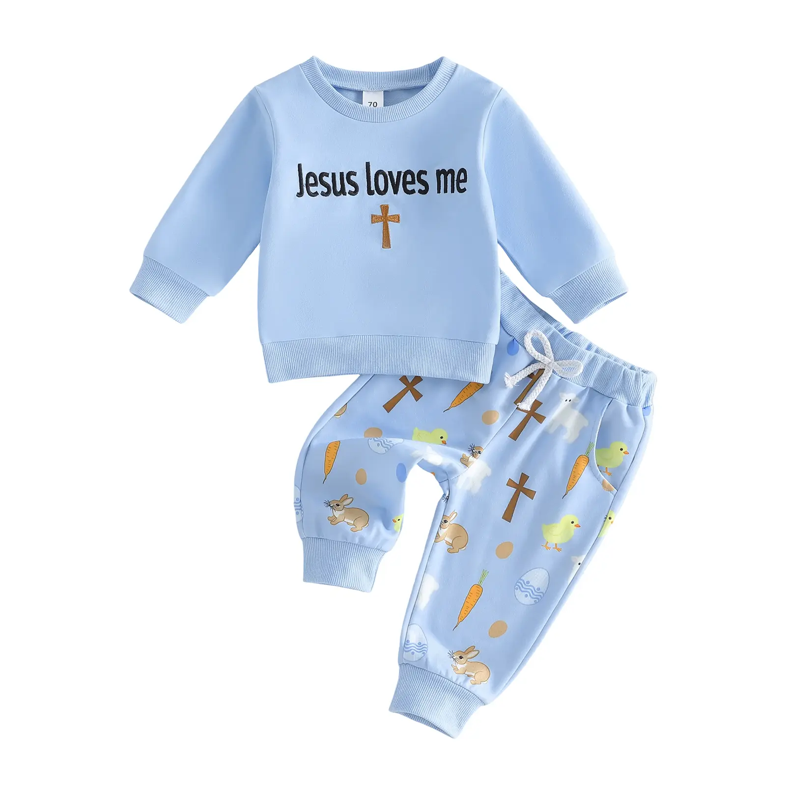 Babamoon Toddler Baby Boys Easter Outfits Set Jesus Loves Me Cross Long Sleeve Sweatshirt Tops with Print Pants 2Pcs Clothing Set 0-5 Years