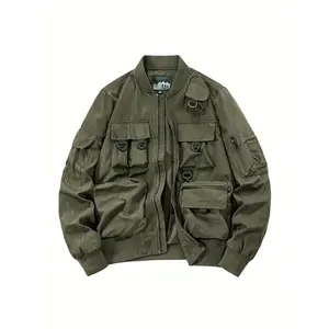 Men's Plus Size Olive Green Bomber Jacket - Casual Outdoor Baseball Collar, Windproof & Waterproof with Multiple Pockets, Durable Polyester, Ideal for Camping & Hiking, Camping Gear|Multiple Pocket Jacket|Windproof Fabric, Camping Gear And Accessories