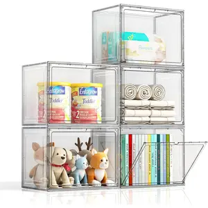 Stackable Storage Bins with Lids, Display Case for Collectibles, 5 Packs Display Box with Magnetic Door, Stackable Storage Container for Doll, Figures, Snack, White