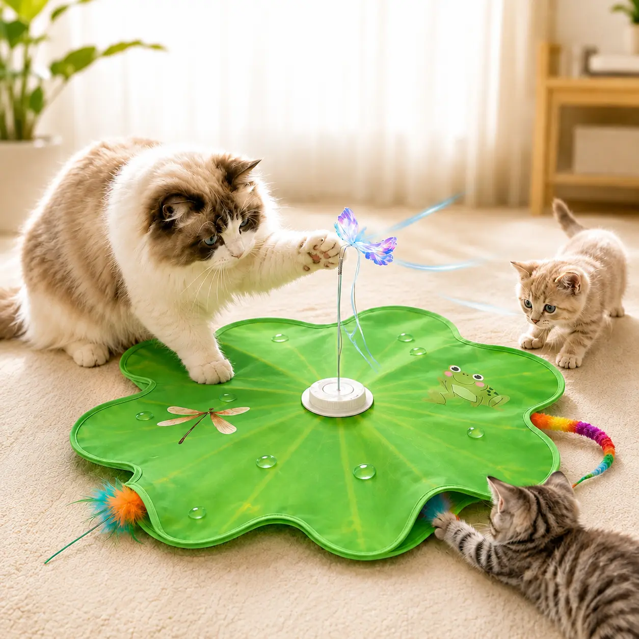Interactive Cat Toy Mat, 3-in-1 Hide & Seek Cat Toy with Fluttering Butterfly, Moving Feathers & Prey Sounds, USB-C Rechargeable Toy for Indoor Cats