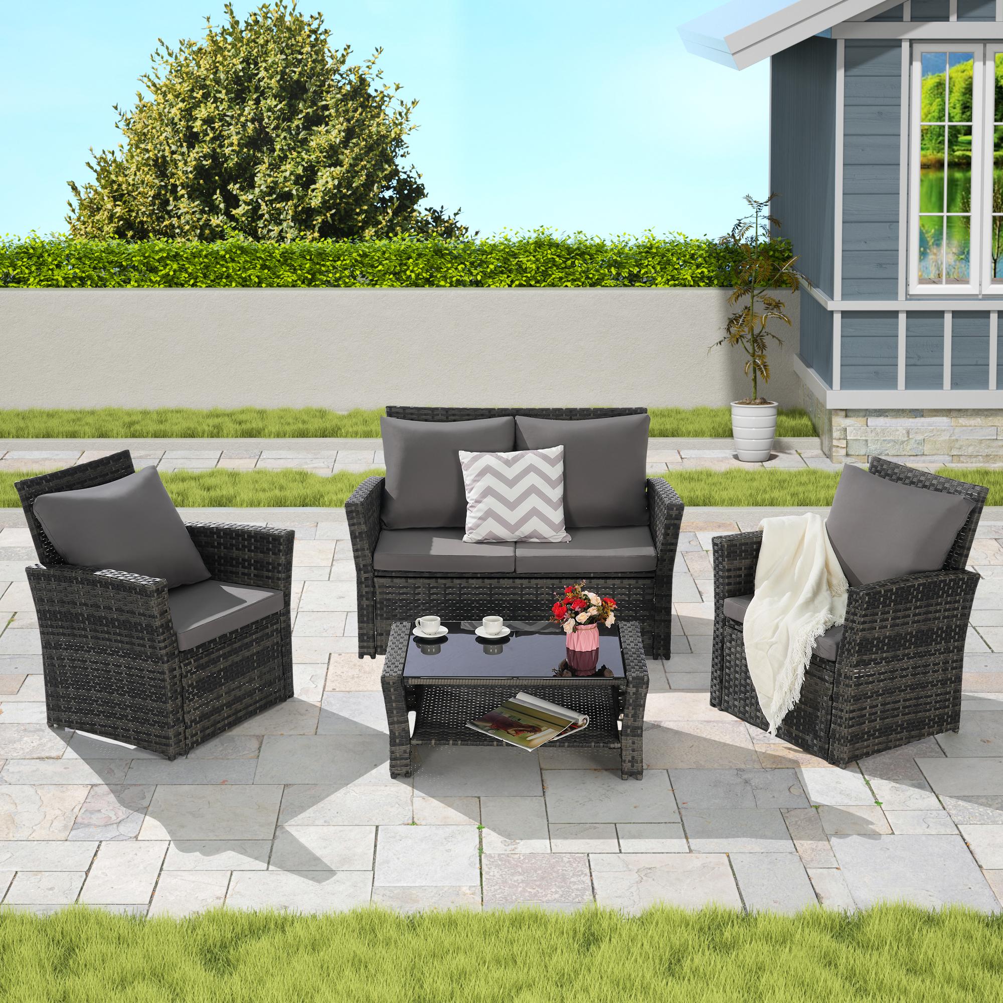 Outdoor Patio 4-Piece Rattan Wicker Furniture Set, Garden Poolside Lawn Chairs with Tempered Glass Coffee Table Porch Seating, Dark Gray/Dark Blue