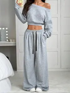 Women's Fall Asymmetrical Neck Sweatshirt Set, Casual Pants, Fashionable Trendy Daily Commute, Spring Autumn Clothing