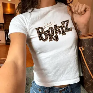 Bratz Leopard Print Baby Tee, Cute Baddie Graphic Shirt, Trendy Y2K Aesthetic Top for Women, Streetwear Outfit