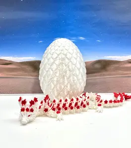 3D Printed Dragon with Egg, Articulated White and Red Cherry Blossom Dragon, 12 Inches Fidget ADHD Autism Toy D054-WE