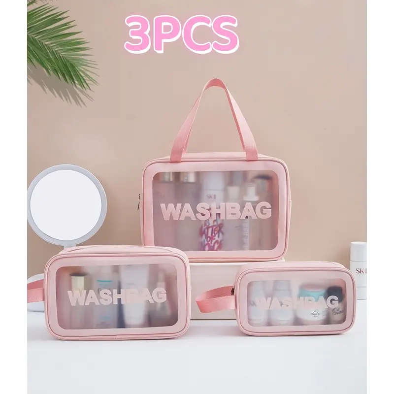Women Pack-3 Different Size Make Up Bags with Handle Large Capacity Translucent Travel Cosmetic Bags for Travel Friendly Organization