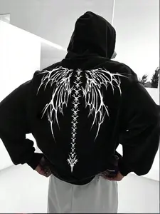 Men's Wings Print Drop Shoulder Hoodie, Regular Fit Street Drawstring Kangaroo Pocket Hooded Sweatshirt for Daily Holiday Outdoor Wear, Men Clothes for Fall & Winter