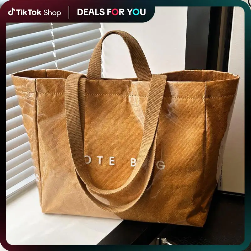 Tote Bag for Women,Large Work Tote Bag Clear Plastic Tote Bag PVC Letter Printed Bag Kraft Paper Hobo Bag with Handle Dealsforyoudays