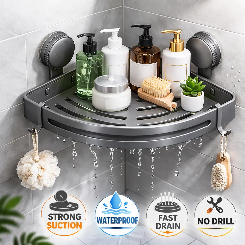 3 Pack No-Drill Black Suction Corner Shower Caddy – Strong Suction Rustproof ABS Bathroom Organizer, Triangular Waterproof Shelf with Adjustable Hooks, Space-Saving Storage for Shower, Kitchen & Toilet,DealsForYouDays