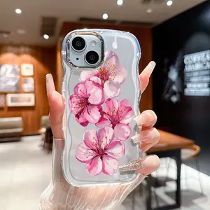 Aesthetic Pink Cherry Blossom Flower Art Phone Case for iPhone 11 12 13 14 15 16 17 Pro ProMax Plus, Water Ripple Electroplated Edge, Shockproof Slim Protective Cover, Fashion Cute Graphic Design Gift for Men Women
