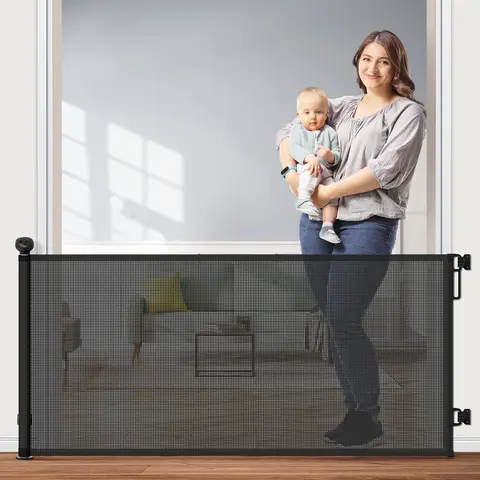 Petstars Retractable Mesh Safety Gate - 55" Wide, 33" Tall, Installation-Friendly, Locking Mechanism, Trip-Free Bottom, No Trip Risk, Indoor/Outdoor Use for Stairs & Doorways, Gate Extensions Compatible