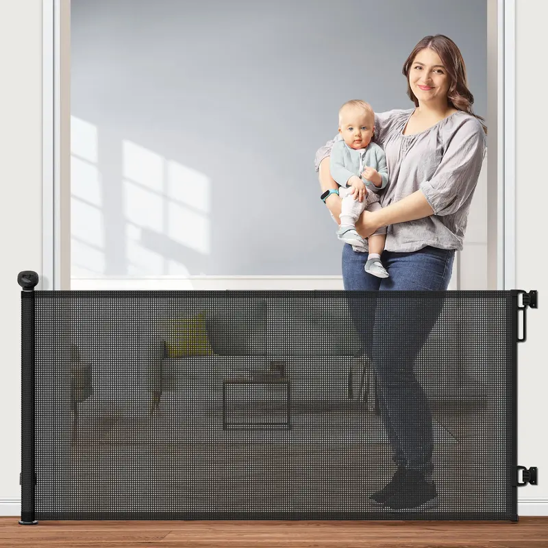 Petstars Retractable Mesh Safety Gate - 55" Wide, 33" Tall, Installation-Friendly, Locking Mechanism, Trip-Free Bottom, No Trip Risk, Indoor/Outdoor Use for Stairs & Doorways, Gate Extensions Compatible