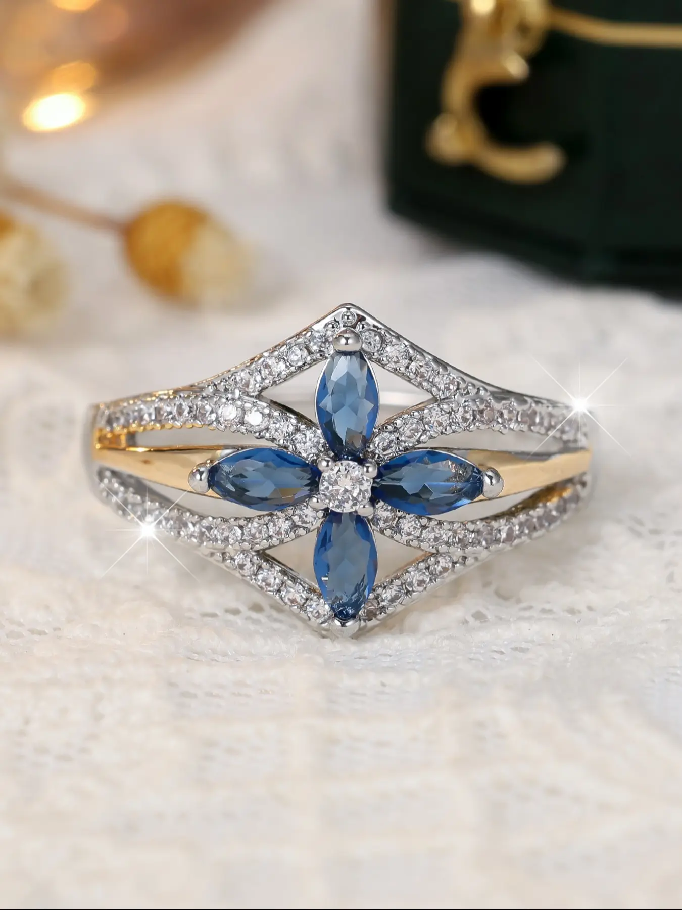 Luxurious sapphire blue floral silver line design women's ring Women's classic party jewellery Perfect women's birthday gifts