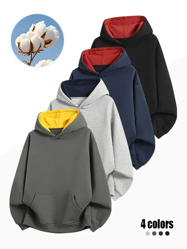 Men’s color-block hoodie sweatshirt, loose drop-shoulder design, wrinkle-resistant and breathable, pullover style, available in multiple colors