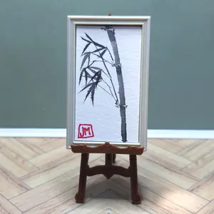 Mini Sumi Painted Bamboo on Watercolor Paper in a Plastic Frame Decor