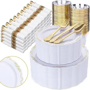 White Gold/Clear Gold/White Silver/Black Gold Plates ware Set: Dinner Plates,Dessert Plates, Cups,Napkins,Knife, forks, spoons-Perfect for Party