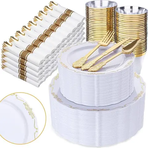 Gold Plates Disposable - Heavy Duty Gold Plates Including  Dinner &  Dessert Plates   gold Rim Cups & Cutlery Perfect for Upscale Party, Wedding