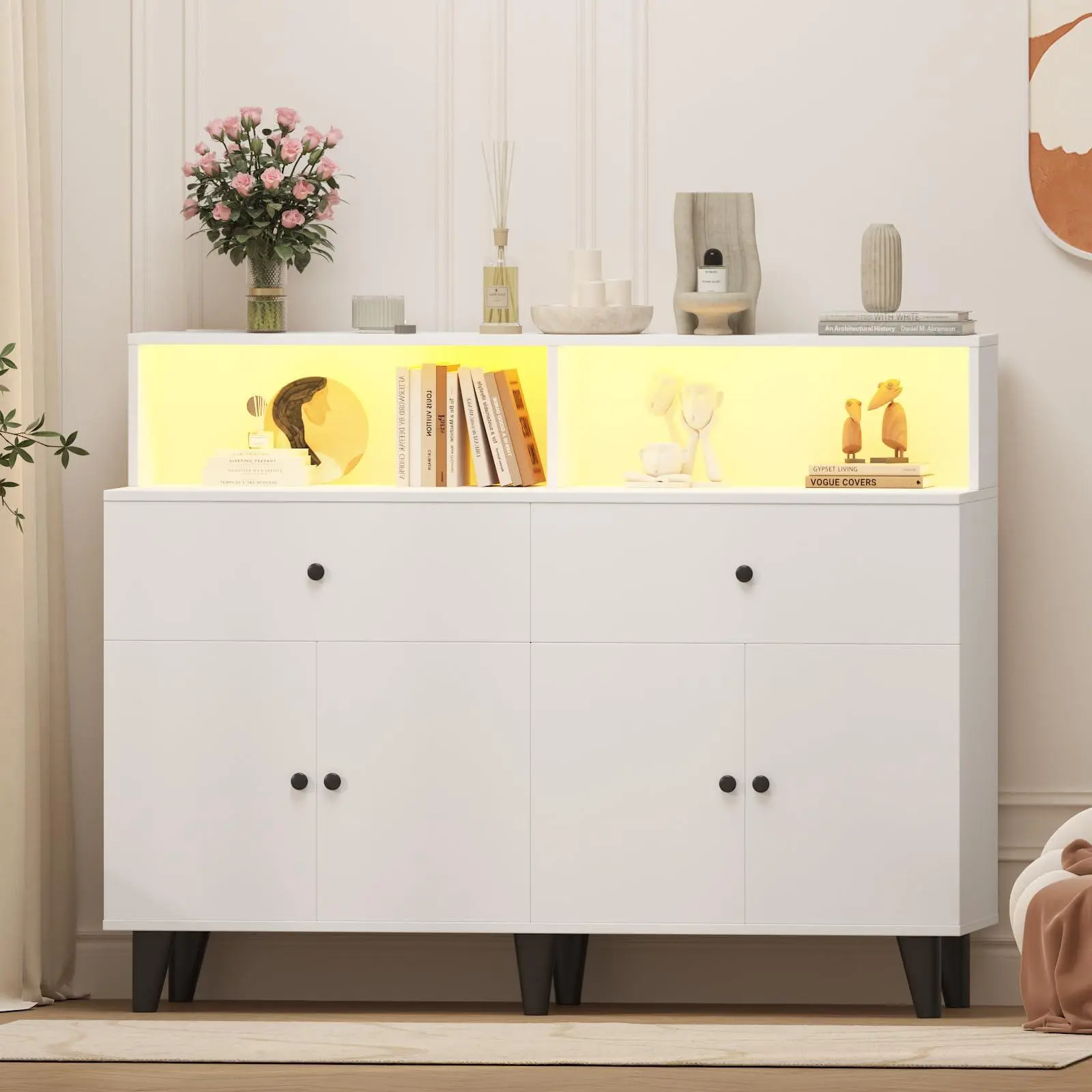 GARVEE Modern Kitchen Pantry Cabinet with Power Outlets & LED Light – 51" Freestanding Buffet Sideboard, Adjustable Shelves, Drawers, Coffee Bar Table Hutch for Living or Dining Room