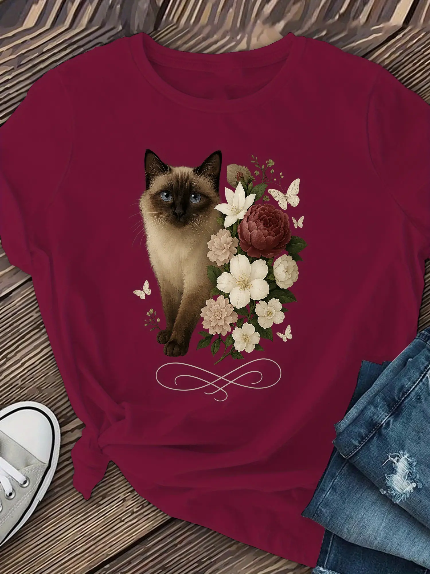 Women'S Short-Sleeved Shirts Featuring a Siamese Cat And Floral Designs, Perfect for Casual Wear in Spring And Summer