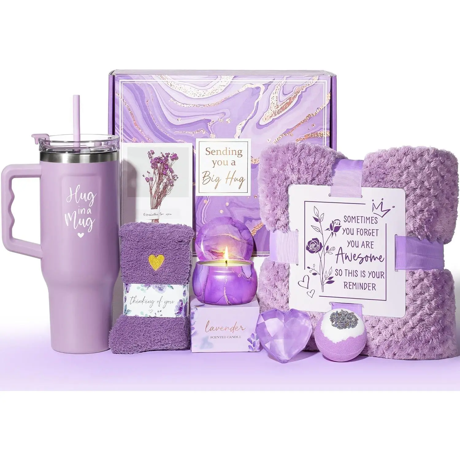 Birthday Gifts for Women Self Care Gifts Get Well Soon Gifts, Lavender Relaxing  Gift Basket Care Package w/ Flannel Blanket 40 OZ Tumbler, Christmas Anniversary Gift for Mom Wife Friend Sister Her
