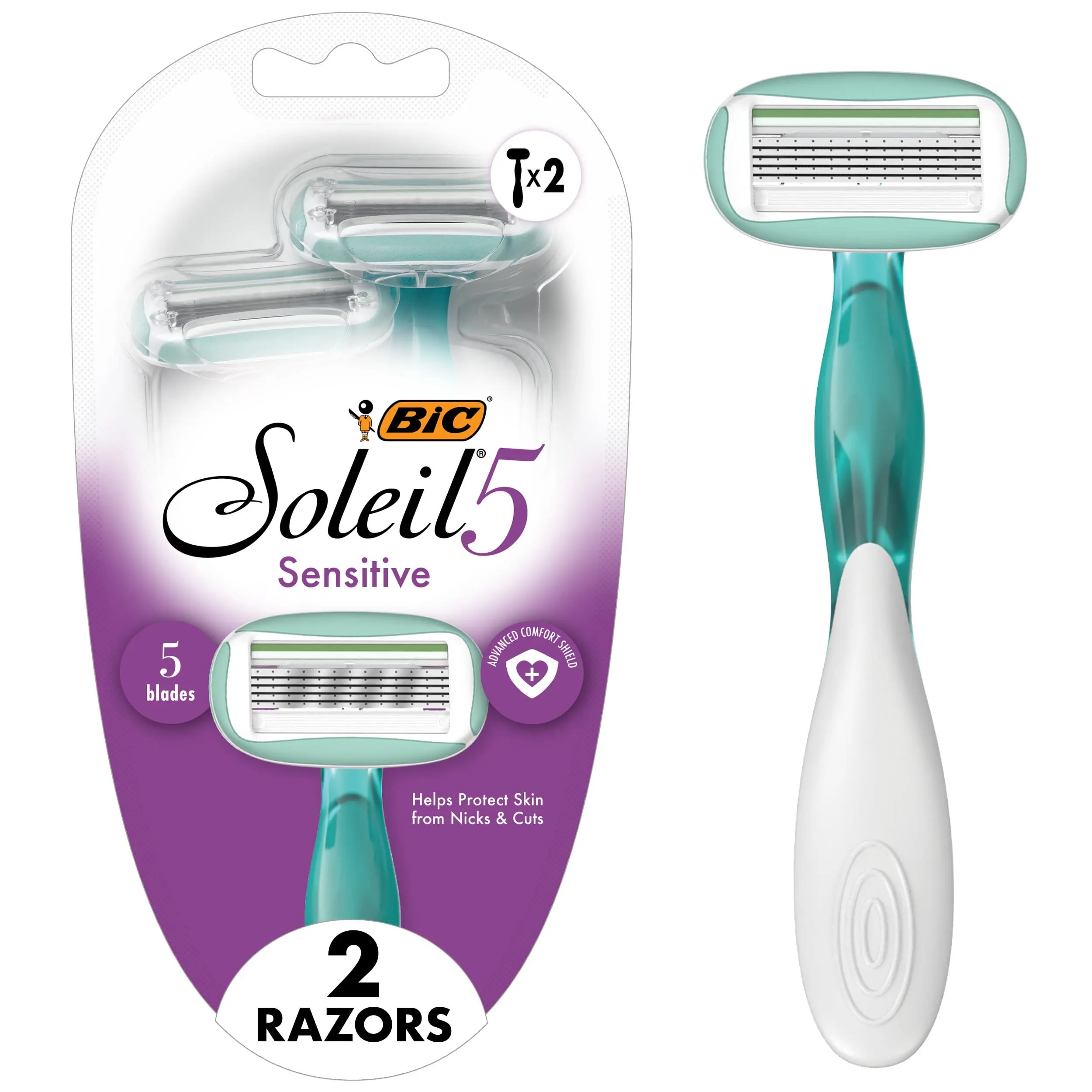 BIC Soleil 5 Sensitive 5-Blade Disposable Razors, Dorm Essentials, 2-Count