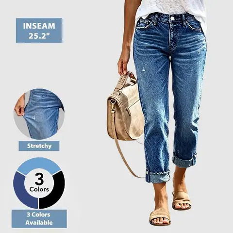 Flamingals Wash Button Tab Roll Hem Mid Waist Straight Leg Crop Jeans Womenswear Stretchy 25.2" Inseam