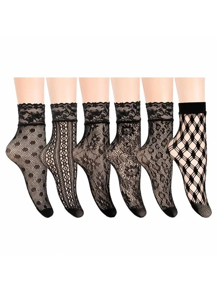 Women's Floral Lace Mesh Mid-Calf Stockings - 6-Pack Thin Hollow-Out Fishnet Ankle toe Socks, Sexy Fashion Comfy Soft Womenswear for Summer Daily Wear