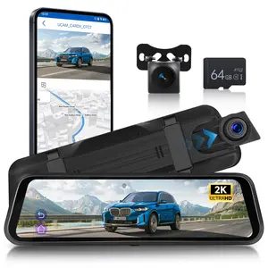 2K WiFi Rearview Mirror Dash Cam, Dual Camera and App Control with 9.66 Inch Touch Screen with Night Vision, Loop Recording, G-Sensor, BSD LCA+ 64G Card