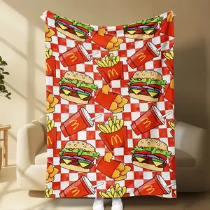 Soft Funny Throw Blanket Fast Food Pattern Blanket, Burger Fries Drink Cartoon Print, Cozy Fleece Throw Blanket, Soft Warm Flannel, Home Decor Gift