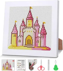 Pink Castle Cross Stitch Kits for Beginners,Stamped Cross Stitch for Adults with Framed,Crafts for Girls 8-12 Embroidery Kit Partial 11CT Cross-Stitch Arts and Crafts for Adults 7x7inch