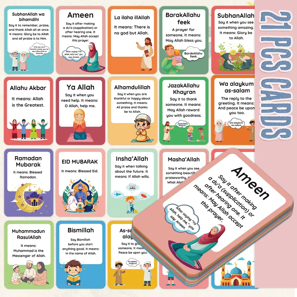21 Vocabulary Education Flashcards, Language Learning Flashcards, Muslim Prayer Phrases Introduction Cards, Fun Illustrations for Common Islamic Expressions, Vocabulary Flashcards Set