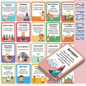 21 Vocabulary Education Flashcards, Muslim Prayer Phrases Introduction Cards, Fun Illustrations for Common Islamic Expressions