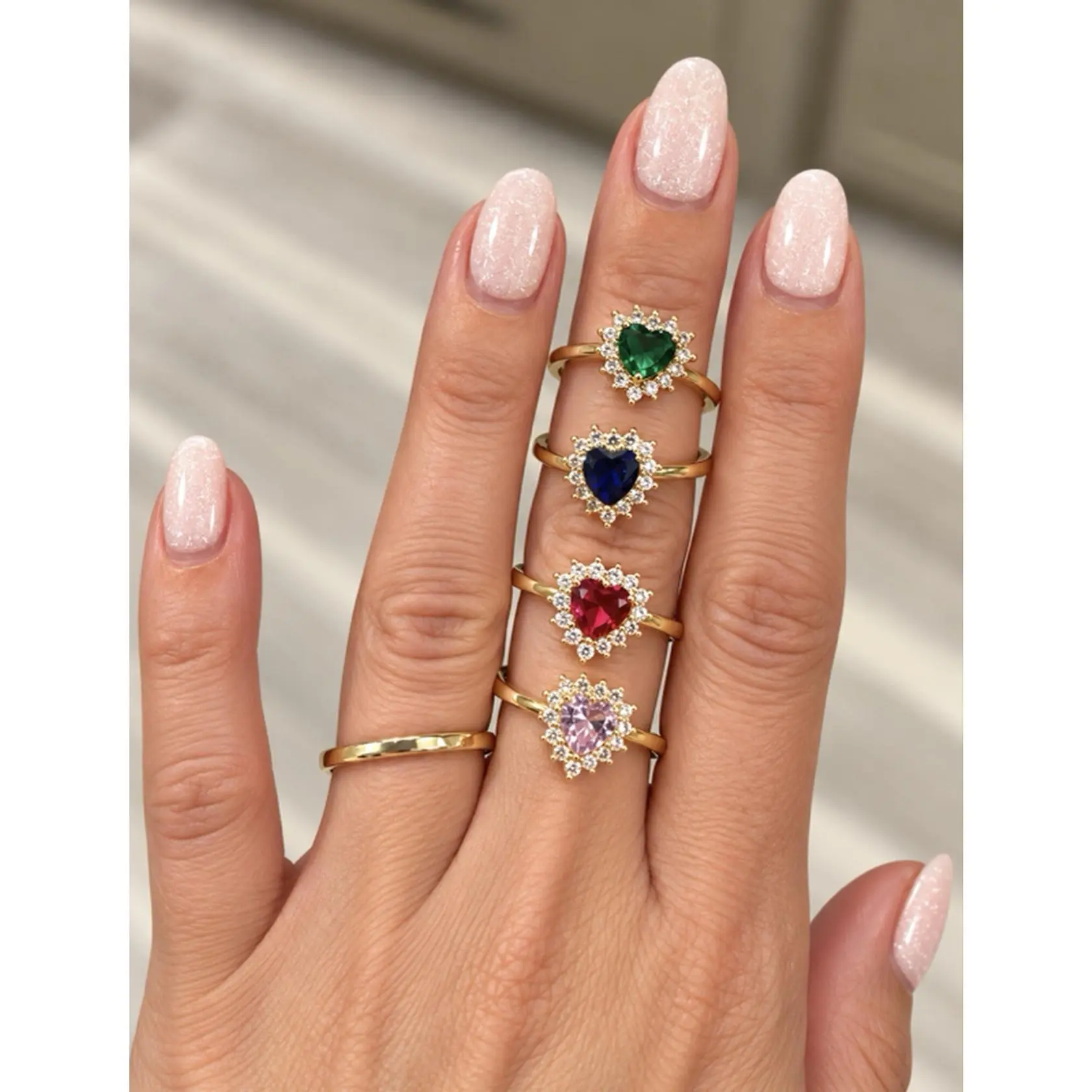 Gold Filled Heart Shaped Rings Non Tarnish Waterproof in Ruby Red Navy Blue Emerald Green and Pink Colors